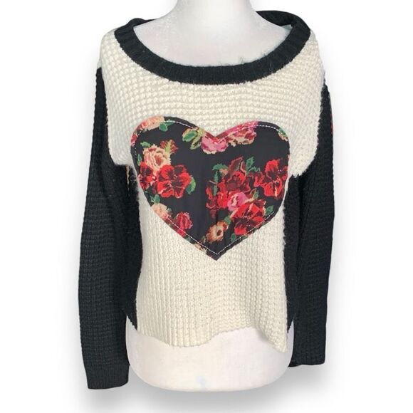 Vintage 90s Sweater Oatmeal Dark Floral Heart Print Neutral Loose Knit Pullover - Picture 1 of 7